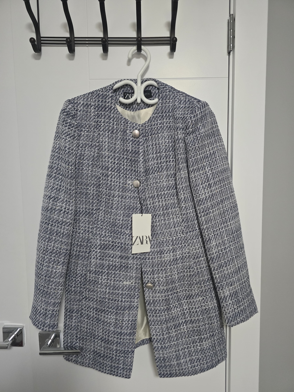 ZARA Navy and White Tweed Blazer Jacket